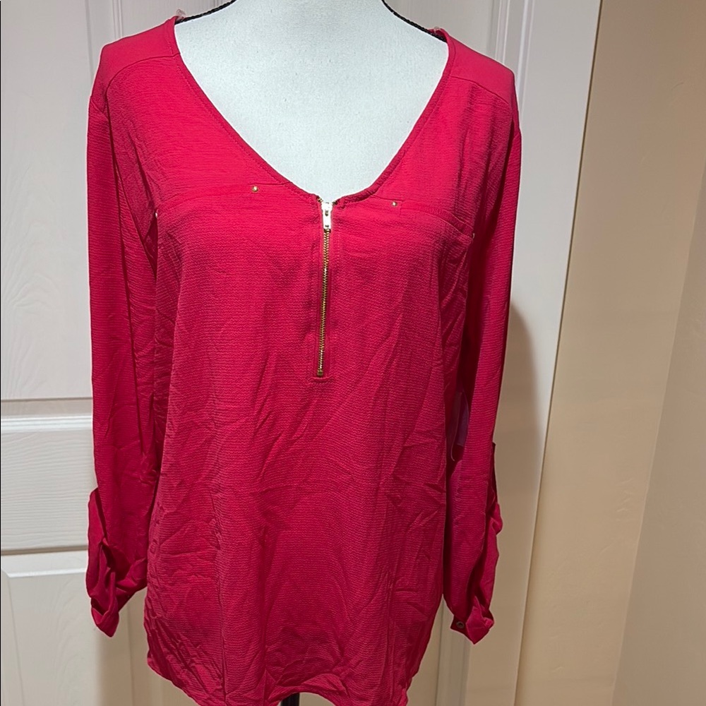 Women's V-Neck Zip Front Top - Red